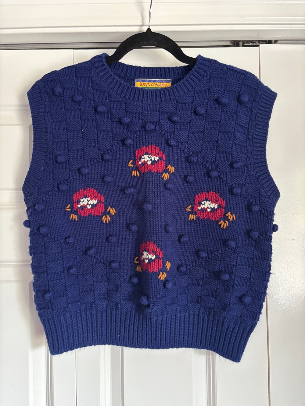 Vintage Royal Blue Pom-Pom Knit Sweater Vest with Red Crab Motif